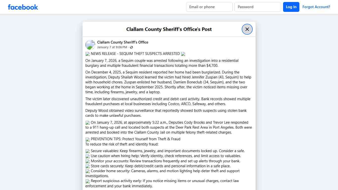 🚨 NEWS RELEASE - SEQUIM... - Clallam County Sheriff's Office Facebook