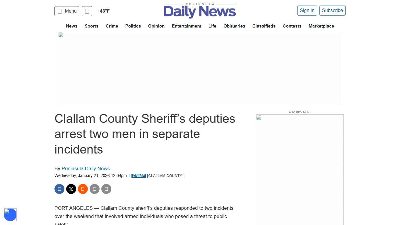 Clallam County Sheriff’s deputies arrest two men in separate incidents Peninsula Daily News